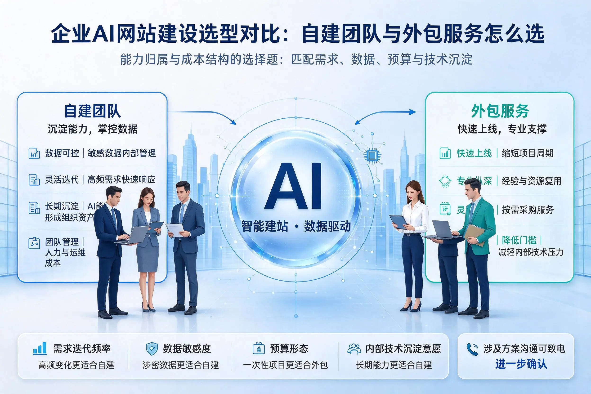 固原企业AI网站建设选型对比:自建团队与外包服务怎么选
